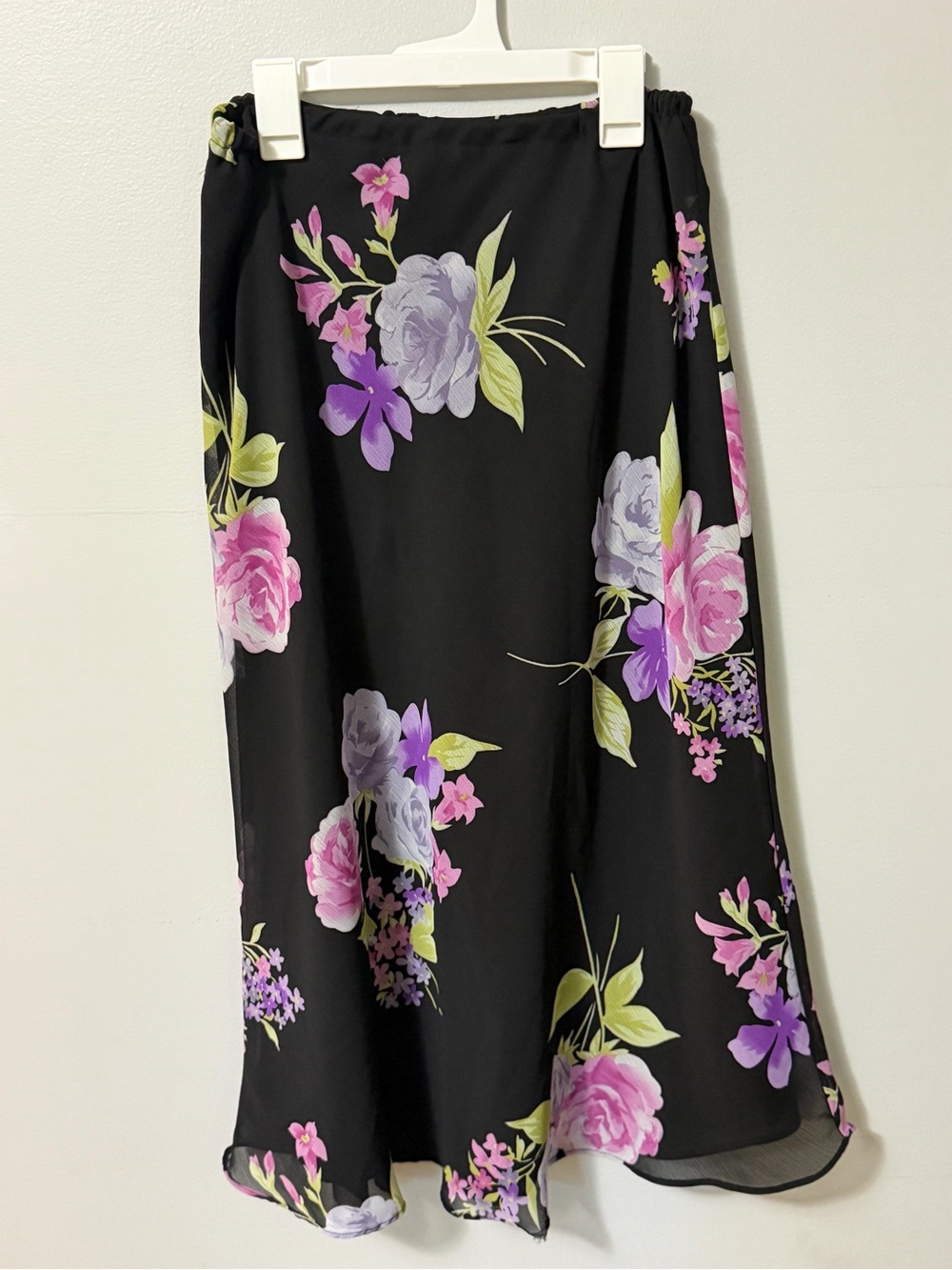Women’s Size 10 Black Floral Maxi Skirt Pink Purple Roses Sheer Overlay Elastic